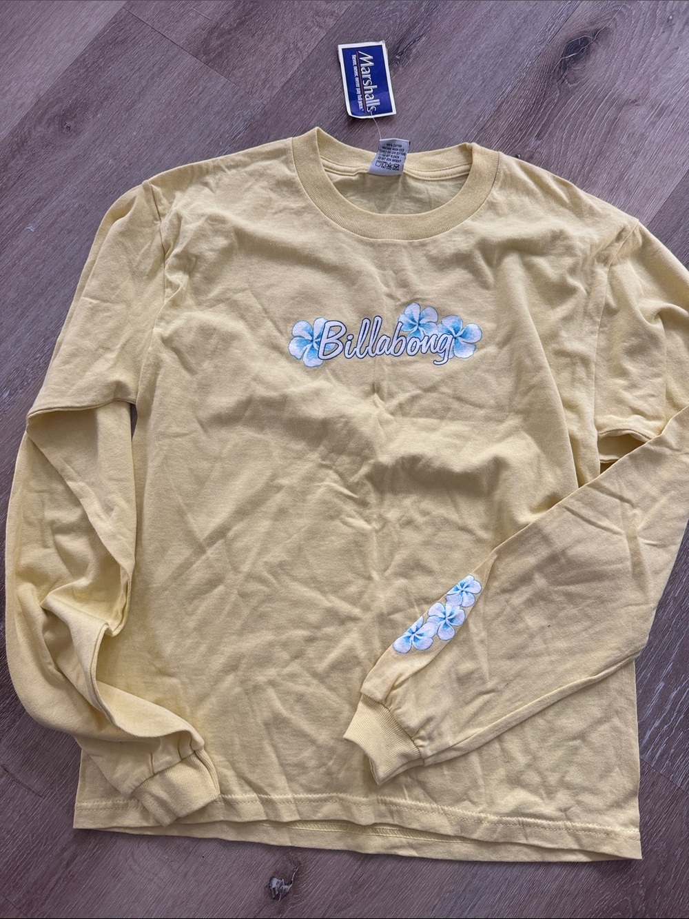 Billabong Long Sleeve Tee with Blue Floral Logo - Pale Yellow